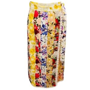 ZIMMERMANN MARIGOLD YELLOW MULTI FLORAL PRINT LINEN WRAP MIDI SKIRT